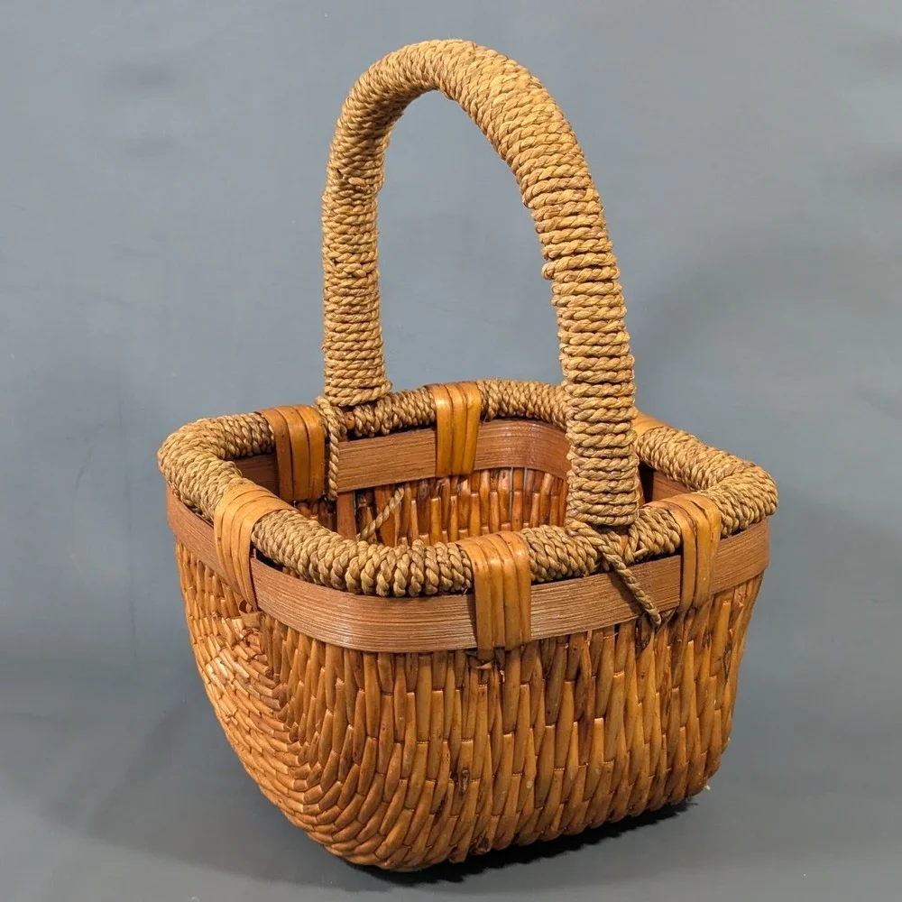 Vintage Woven Wicker Basket with Twisted Handle Square Decorative Storage